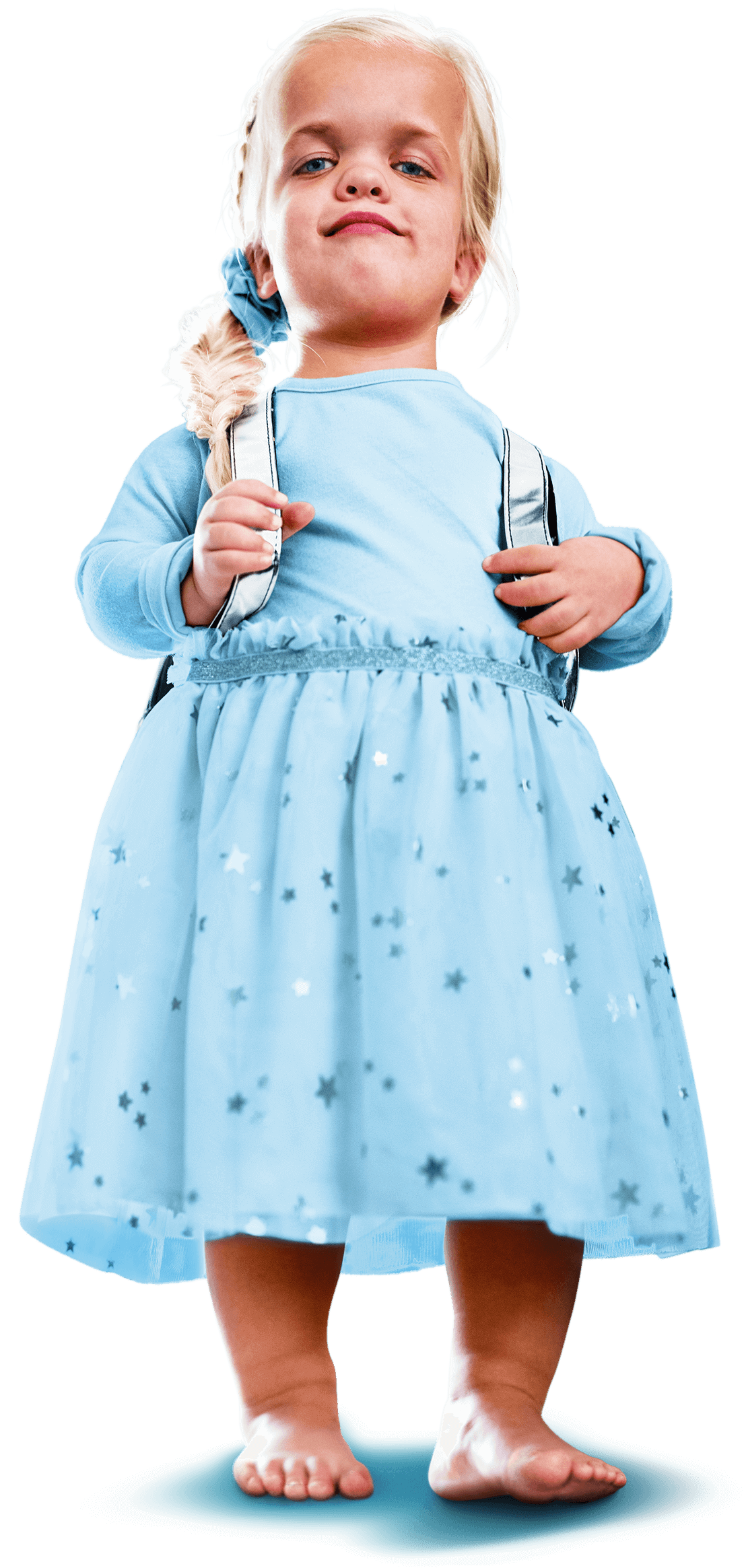 A young girl in a blue dress with impaired bone growth from Achondroplasia
